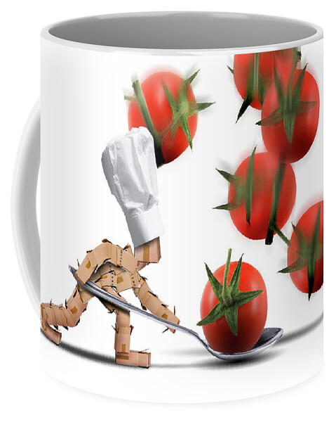 Kitchen Coffee Mug featuring the digital art Cute chef box character catching tomatoes by Simon Bratt