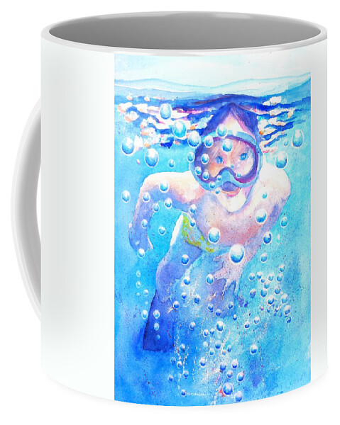 Swimming Coffee Mug featuring the painting Cute Child Snorkeling Underwater by Carlin Blahnik CarlinArtWatercolor