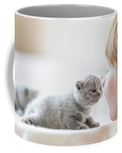 Cat Coffee Mug featuring the photograph Cute little cat and woman rubbing noses. by Michal Bednarek