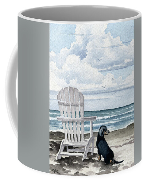 Dachshund Coffee Mug featuring the painting Dachshund by the beach by David Rogers