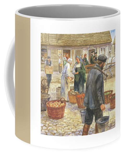 Avram's Gift Coffee Mug featuring the painting Daily Life in the Shtetl by Laurie McGaw