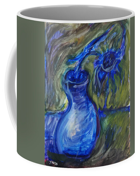 Katt Yanda Original Art Watercolor Artbook Collection Dancing Blue Flower Vase Coffee Mug featuring the mixed media Dancing Blue Flower in Vase by Katt Yanda
