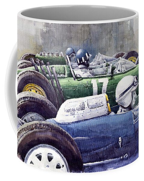 Watercolour Coffee Mug featuring the painting Datch GP 1962 Lola BRM Lotus by Yuriy Shevchuk