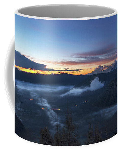 Landscape Coffee Mug featuring the photograph Dawn breaking scene of Mt Bromo by Pradeep Raja Prints