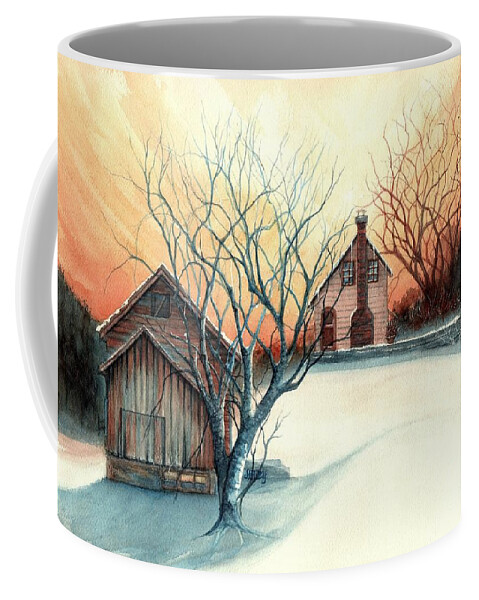 Farmhouse Coffee Mug featuring the painting Dawn has Spoken - Farmhouse Sunrise by Janine Riley