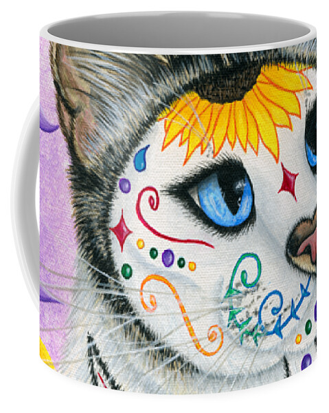 Dia De Los Muertos Gato Coffee Mug featuring the painting Day of the Dead Cat Sunflowers - Sugar Skull Cat by Carrie Hawks