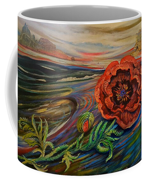 Landscape Of Poppies And Mountains Coffee Mug featuring the painting Day of the Poppy by Jan VonBokel