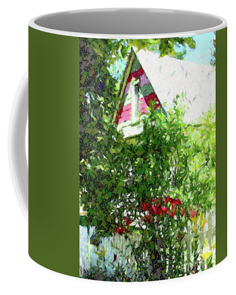 Daylilies Red Pink And Yellow By Picket Fence Coffee Mug featuring the digital art Daylilies by the picket fence by Annie Gibbons