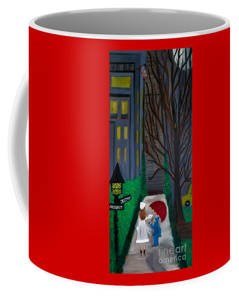 Street Corner Coffee Mug featuring the painting December Umbrella by Artist Linda Marie
