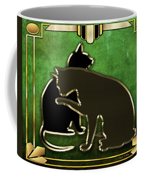 Cats Coffee Mug featuring the digital art Deco Cats - Emerald by Chuck Staley