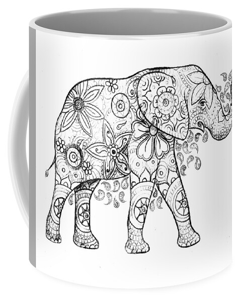 Elephant Coffee Mug featuring the drawing Decorated Elephant in Black and White by Emily Page