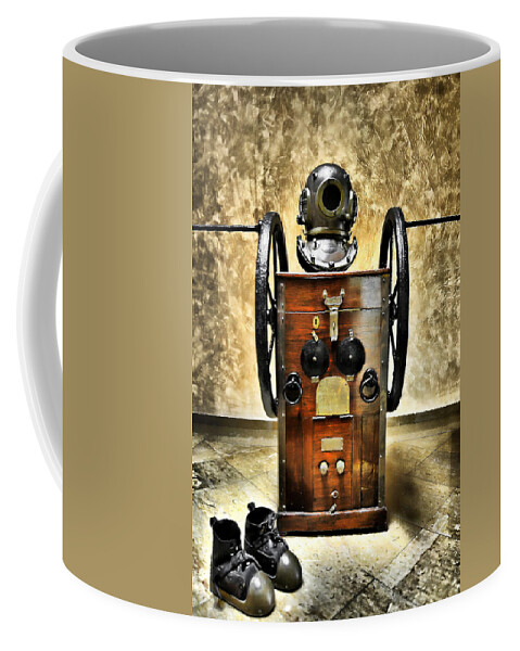 Nobody Coffee Mug featuring the photograph Deep diver equipment in vintage process by Pedro Cardona Llambias