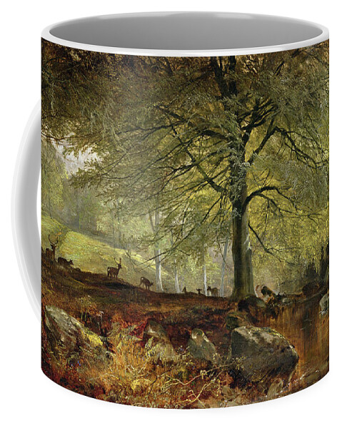Deer Coffee Mug featuring the painting Deer in a Wood by Joseph Adam