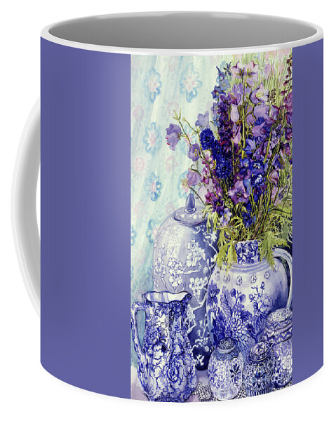 Delphiniums Coffee Mug featuring the painting Delphiniums with Antique Blue Pots by Joan Thewsey