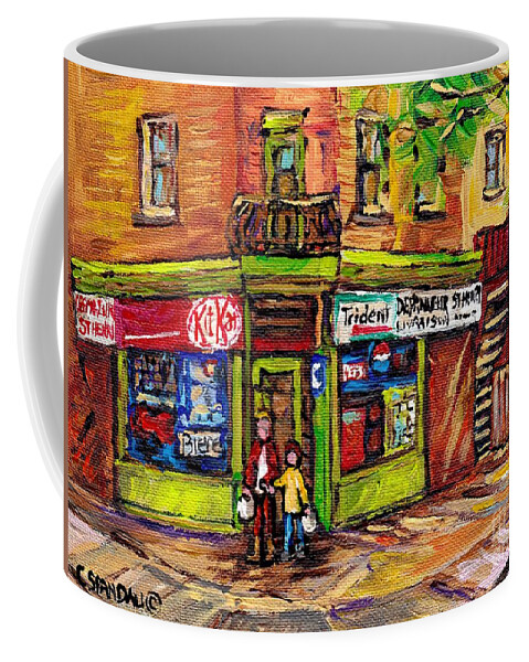 Montreal Coffee Mug featuring the painting Depanneur Du Coin Scene De Ville De Montreal Au Printemps Carole Spandau Artiste Peintre Quebecois  by Carole Spandau