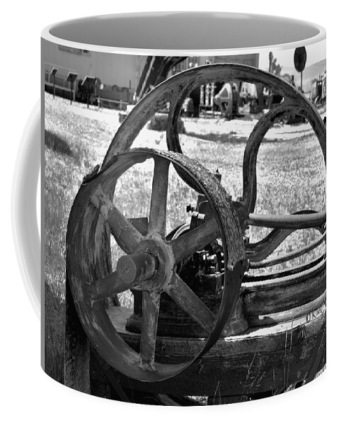 Conveyor Belt Coffee Mug featuring the photograph Derelict Conveyor Belt and Drive Wheel in Black and White by Kae Cheatham