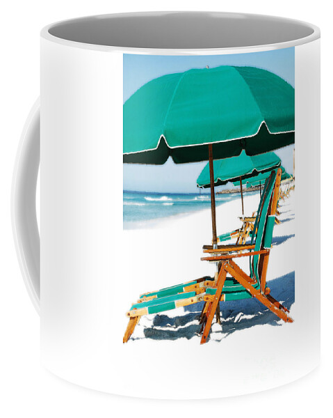 Destin Coffee Mug featuring the photograph Destin Florida Beach Chairs and Green Umbrella Vertical Diffuse Glow Digital Art by Shawn O'Brien