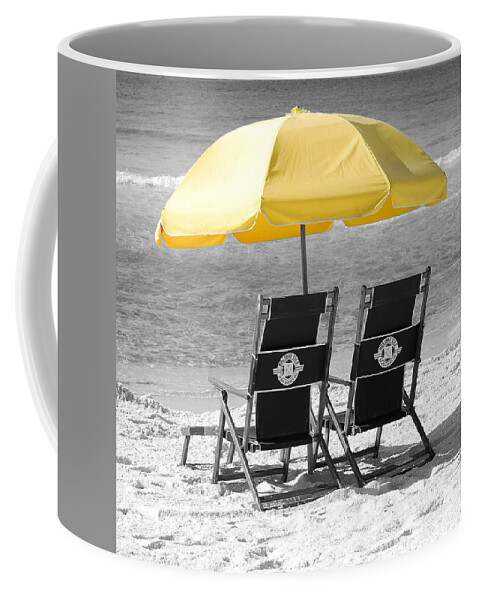 Destin Coffee Mug featuring the photograph Destin Florida Beach Chairs and Yellow Umbrella Square Format Color Splash Black and White by Shawn O'Brien