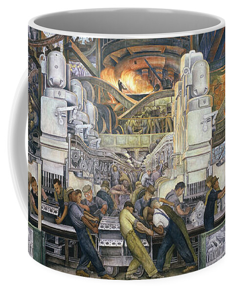 Machinery; Factory; Production Line; Labour; Worker; Male; Industrial Age; Technology; Automobile; Interior; Manufacturing; Work; Detroit Industry Coffee Mug featuring the painting Detroit Industry  North Wall by Diego Rivera