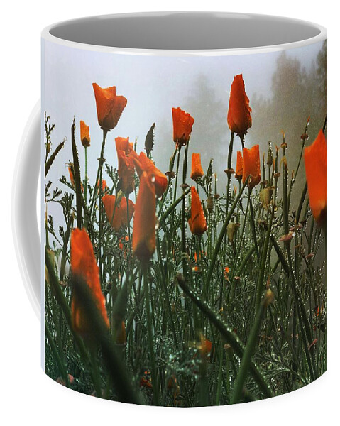 Poppy Coffee Mug featuring the digital art Dew on Misty Poppies by Kevyn Bashore