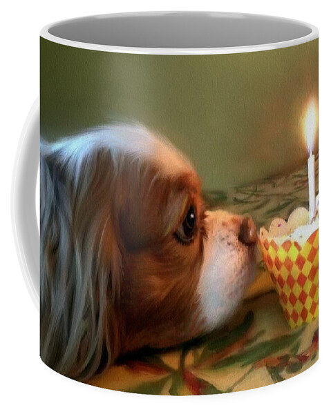 Dog Coffee Mug featuring the mixed media Cavalier, Dewey's Wish... by Mark Tonelli