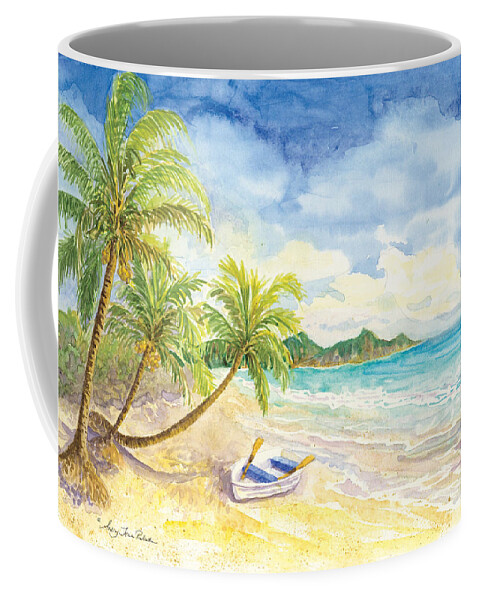 Natural Coffee Mug featuring the painting Dinghy on the Tropical Beach with Palm Trees by Audrey Jeanne Roberts
