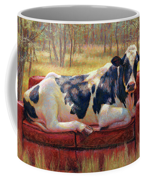 Cow Holstein Woods Landscape Animals Goddess Sunlight Bovine Pastel Black White Coffee Mug featuring the pastel Diva Bovina by Rita Kirkman
