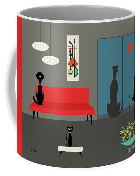Mid Century Modern Coffee Mug featuring the digital art Dog Spies Alien Gray Room by Donna Mibus