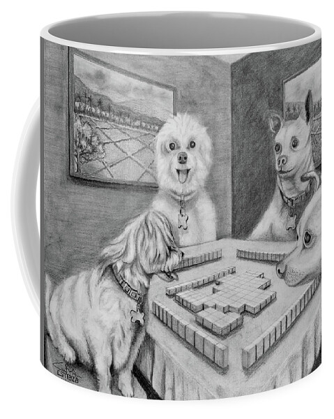 Dogs Coffee Mug featuring the drawing Dogs Playing Mahjong by Cyril Maza