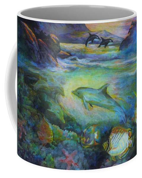 Dolphins Coffee Mug featuring the painting Dolphin Fantasy by Denise F Fulmer