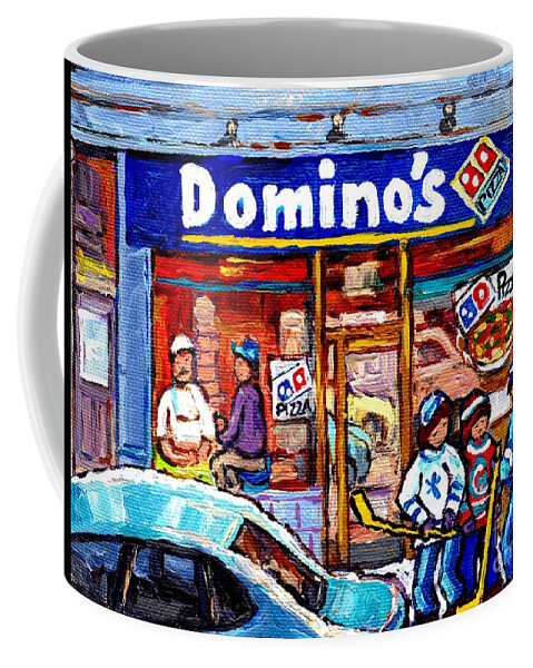 Montreal Coffee Mug featuring the painting Domino's Pizza Montreal Storefront And Restaurant Painting Winter Hockey Scene Carole Spandau Art  by Carole Spandau