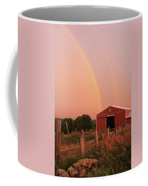Rainbow Coffee Mug featuring the photograph Double Rainbow over Red Barn by John Burk