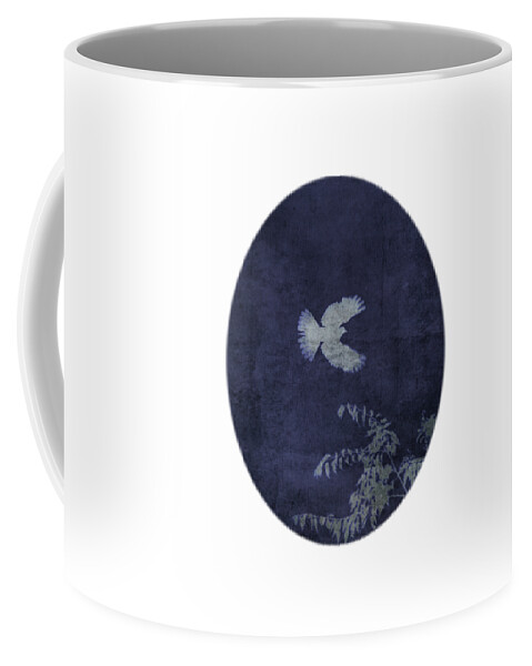 Dove Coffee Mug featuring the mixed media Dove In Flight Indigo OVAL by Lesa Fine