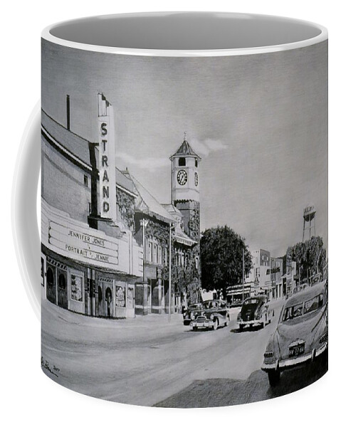 Alma Coffee Mug featuring the drawing Downtown Alma, Michigan, circa 1949 by Chris Brown