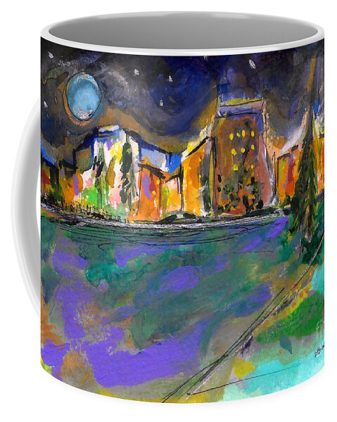 Downtown Coffee Mug featuring the painting Downtown from Across the River by Zsanan Studio