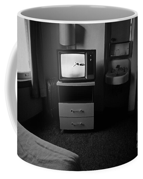 Nightmarish Coffee Mug featuring the photograph Downtown Hotel room at mid day with tv by Jim Corwin