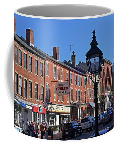 Newburyport Coffee Mug featuring the photograph Downtown Newburyport Market Street Soda Fowle's cigar sign by Toby McGuire