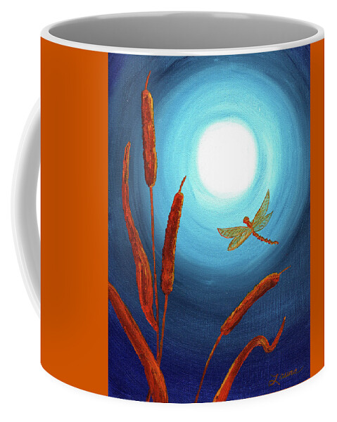 Zen Coffee Mug featuring the painting Dragonfly in Teal Moonlight by Laura Iverson