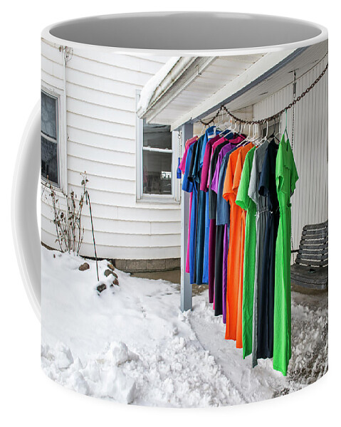 Colorful Dresses Coffee Mug featuring the photograph Dress on Wash Day in Snow by David Arment