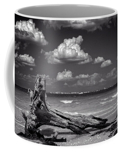 Sanibel Island Coffee Mug featuring the photograph Driftwood and Fort Myers in Black and White by Greg and Chrystal Mimbs