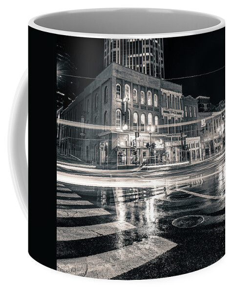 Nashville Print Coffee Mug featuring the photograph Driving Through the Nashville Night Skyline - Black and White by Gregory Ballos