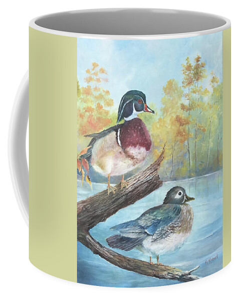 Duck Coffee Mug featuring the painting Wood Ducks by ML McCormick