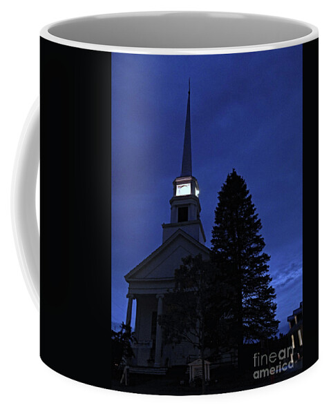 Stowe Vermont Coffee Mug featuring the photograph Dusk Is Lit - Stowe Community Church by Felipe Adan Lerma