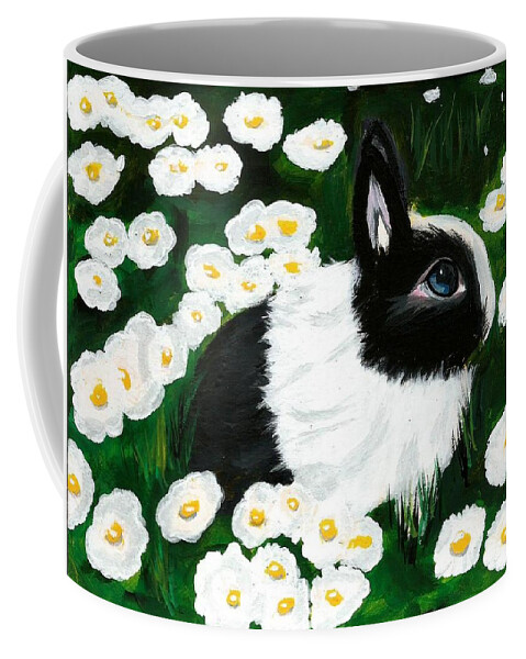 Dutch Bunny Daisies Acrylic Painting Black White Spring Easter Rabbit Impressionism Coffee Mug featuring the painting Dutch Bunny With Daisies by Monica Resinger