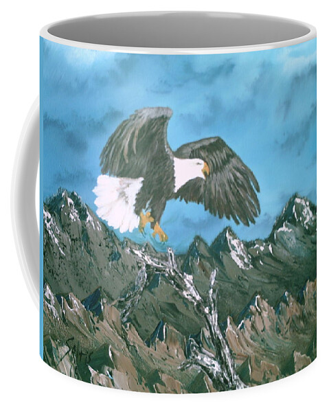 Bald Eagle Coffee Mug featuring the painting Eagle in Flight by Jim Saltis