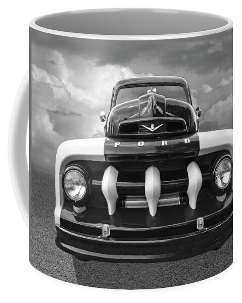 Ford Truck Coffee Mug featuring the photograph Early Fifties Ford V8 F-1 Truck in Black and White by Gill Billington