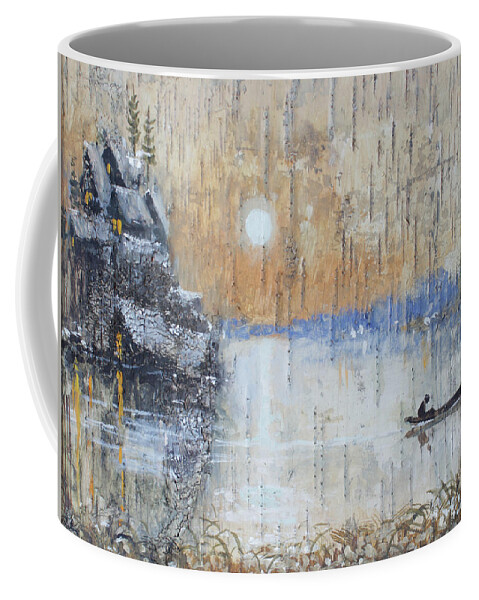 Russia Coffee Mug featuring the painting Early Morning. Fishing on Lake by Ilya Kondrashov