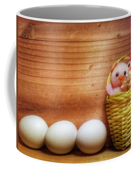 Pink Coffee Mug featuring the photograph Easter Basket of Pink Chicks with Eggs by Mary Capriole