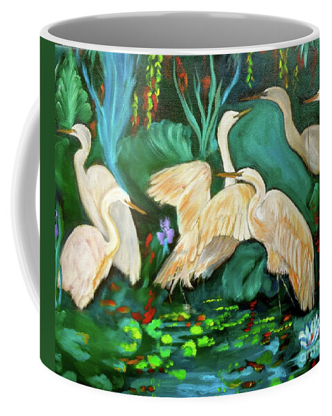 Lotus Coffee Mug featuring the painting Egrets on Lotus Pond by Jenny Lee