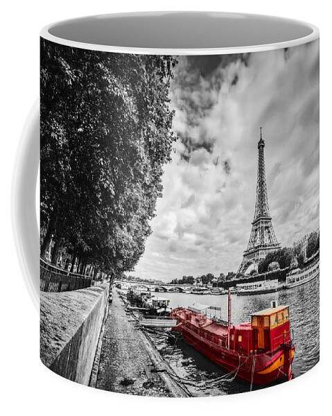 Paris Coffee Mug featuring the photograph Eiffel Tower over Seine river in Paris, France. Vintage by Michal Bednarek